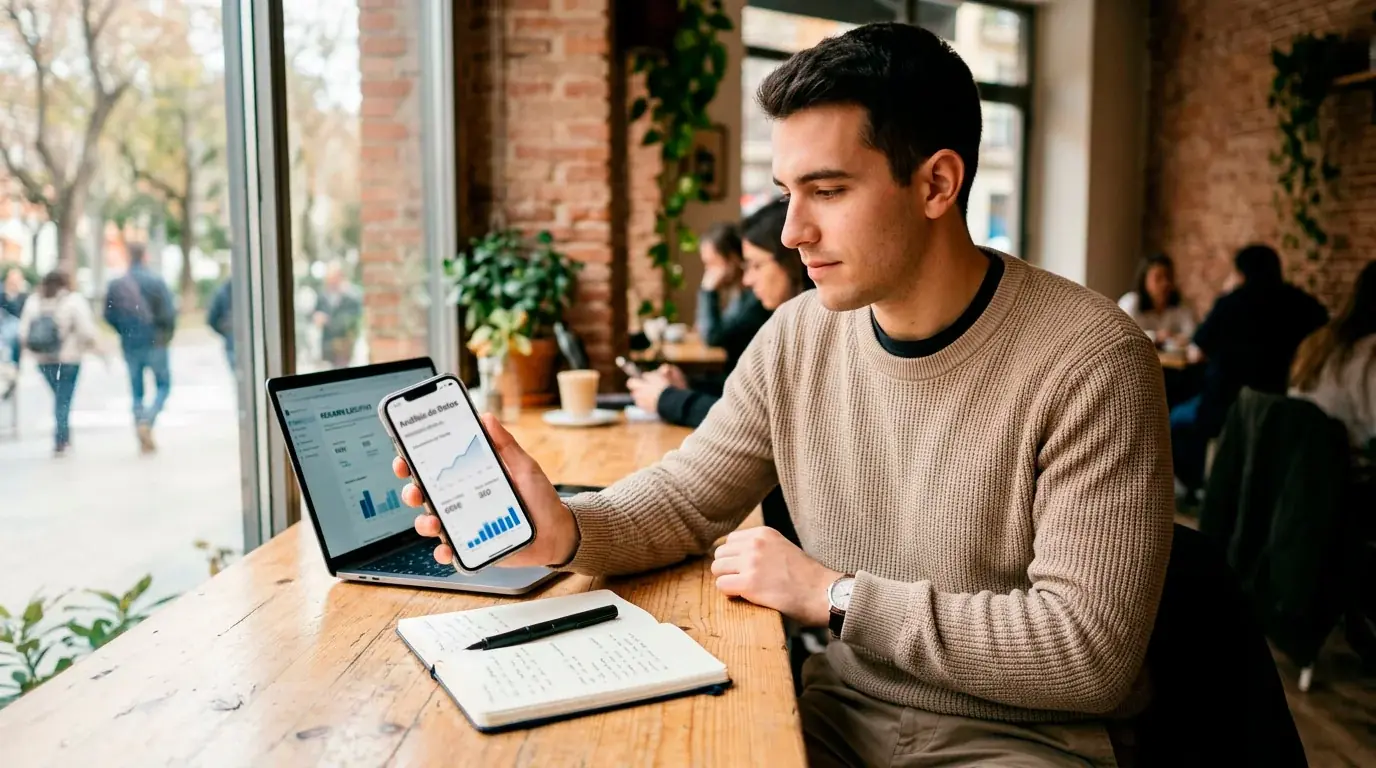 Un analista revisa cuotas de la Ligue 1 en el smartphone y en el portátil sobre una mesa de cafetería