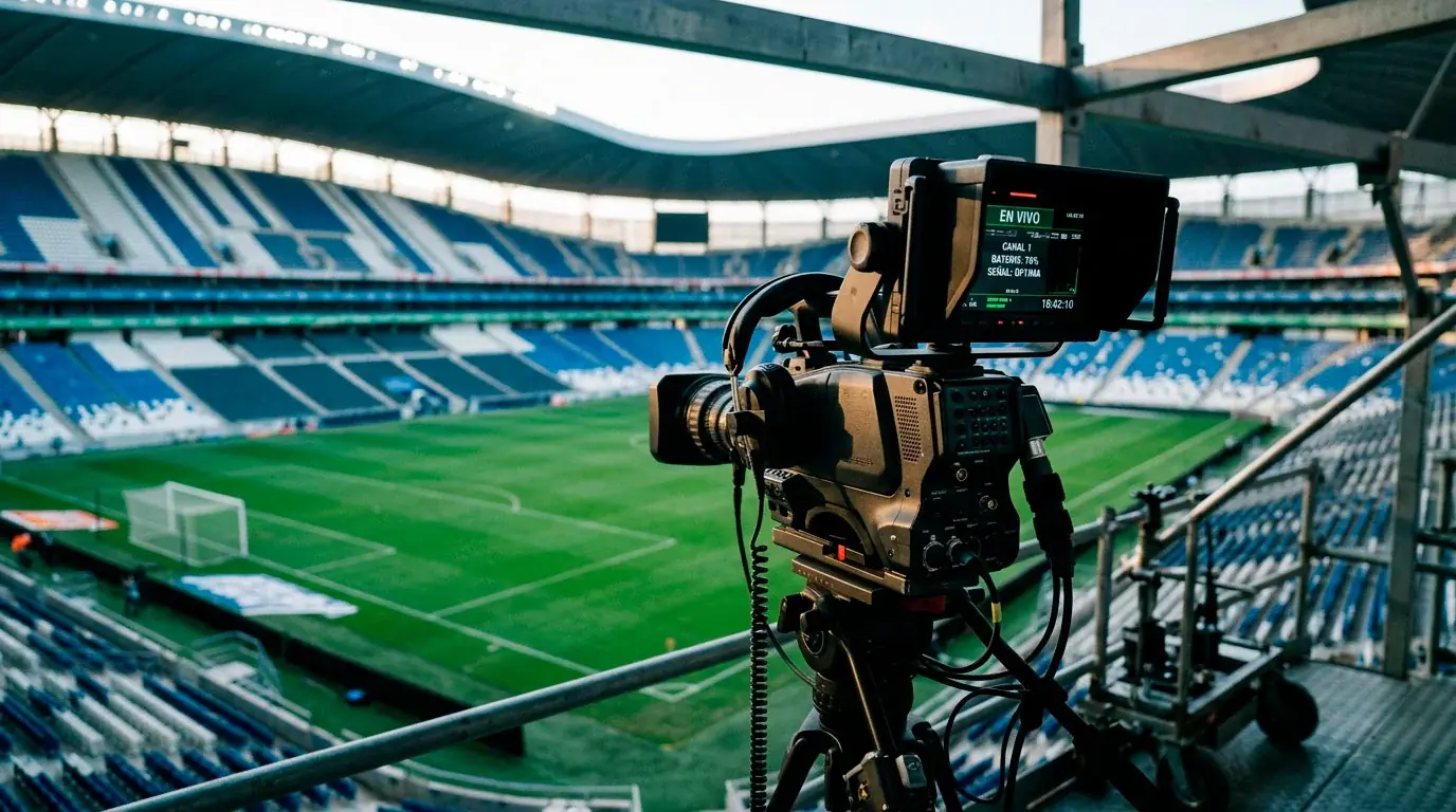 Cámara de televisión enfocando el campo durante la retransmisión de un partido de fútbol en un estadio